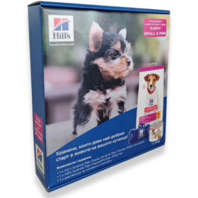 Стартер комплект за подрастващи кученца от малки и мини породи Hill's Science Plan Small&Mini Puppy Chicken суха храна, консерва и диспенсер за пликчета 